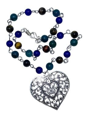 Handmade Large Filigree Heart Pendant Necklace with Natural Tiger Eye Stones!